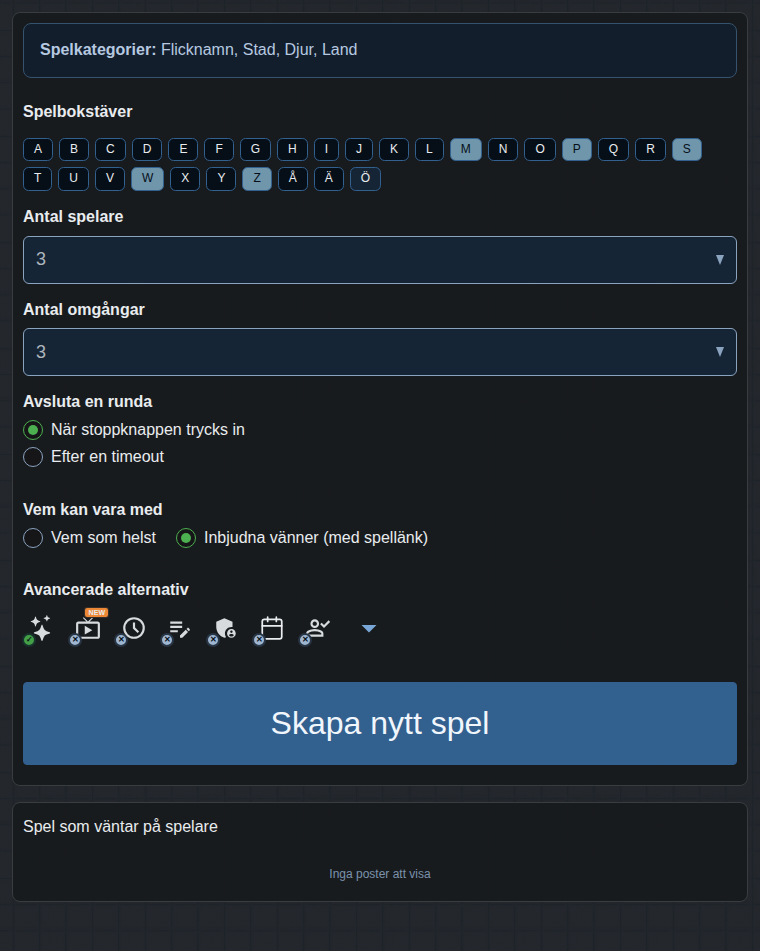 Formulär för att skapa spelet