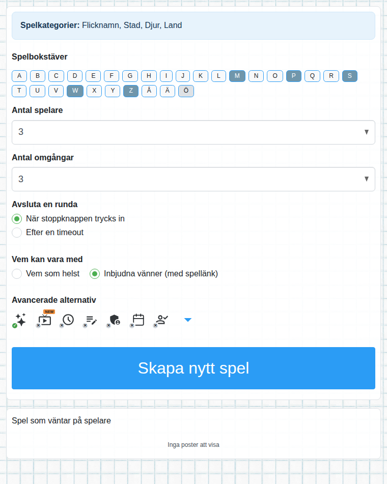 Formulär för att skapa spelet