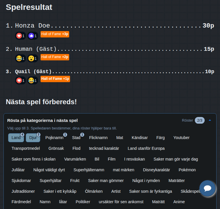 Spelets resultat